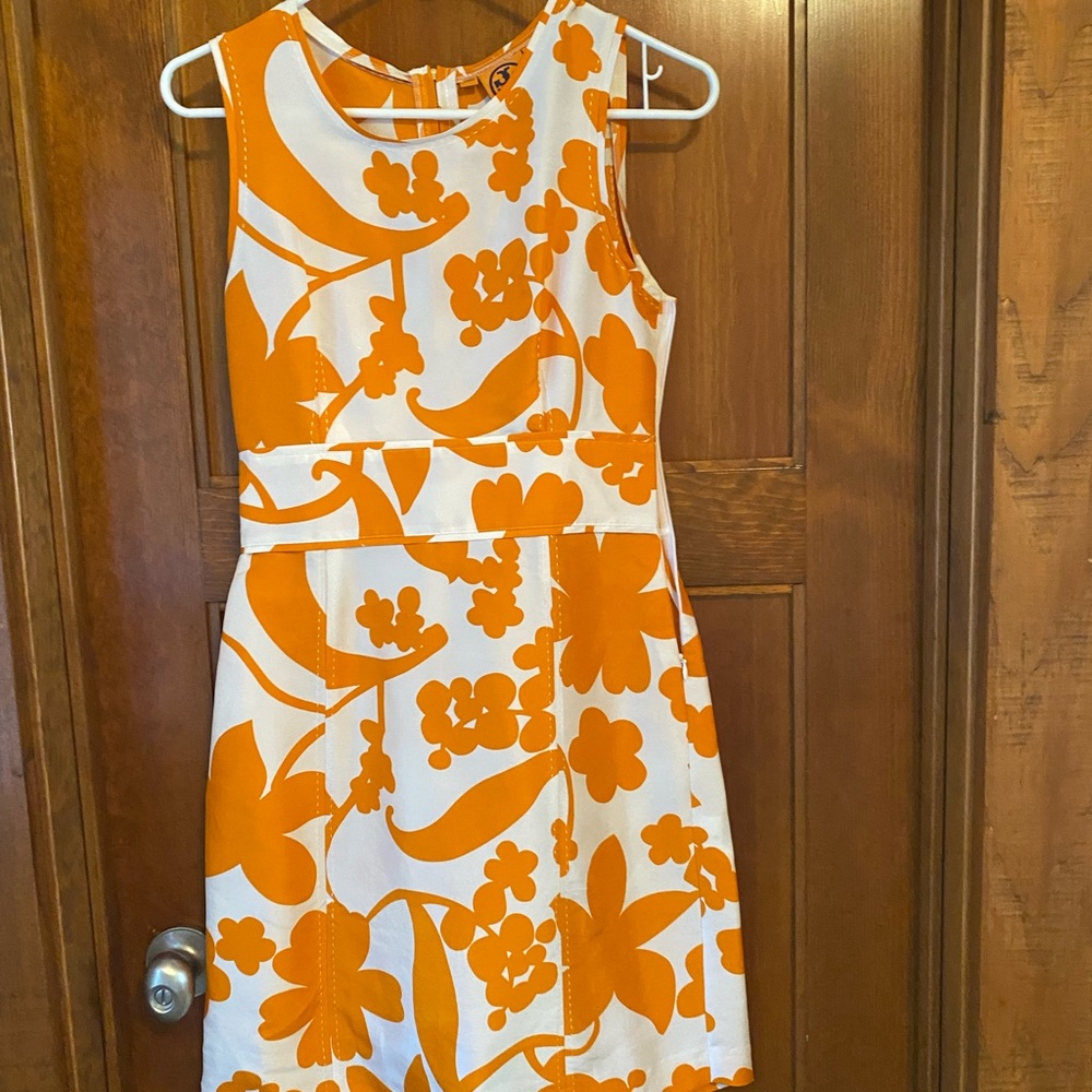 Tory Burch Orange and White Floral Mini Dress EUC